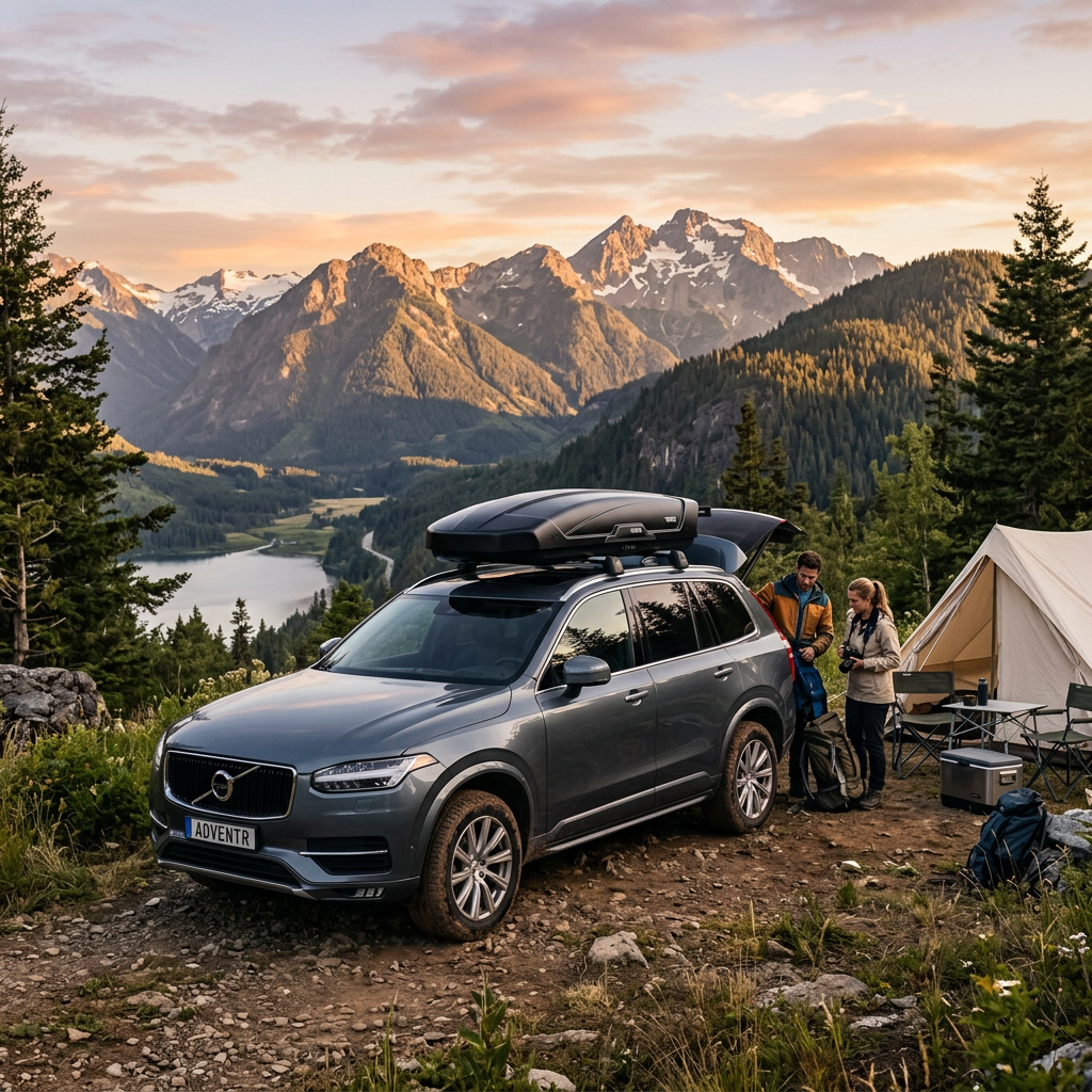 SUV equipado com maleiro de teto Thule em acampamento ao pôr do sol