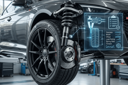 "Infográfico técnico mostrando roda e suspensão automotiva com elementos de medição e compatibilidade para guia de compra.
