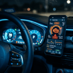 "Smartphone exibindo aplicativo de diagnóstico automotivo via Scanner OBD2 Bluetooth fixado no painel de um carro moderno - Tecnologia e economia automotiva"