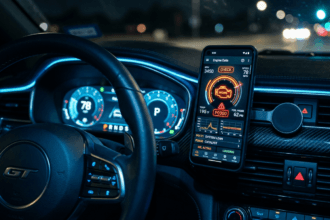 "Smartphone exibindo aplicativo de diagnóstico automotivo via Scanner OBD2 Bluetooth fixado no painel de um carro moderno - Tecnologia e economia automotiva"