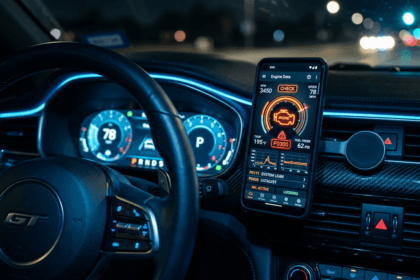 "Smartphone exibindo aplicativo de diagnóstico automotivo via Scanner OBD2 Bluetooth fixado no painel de um carro moderno - Tecnologia e economia automotiva"