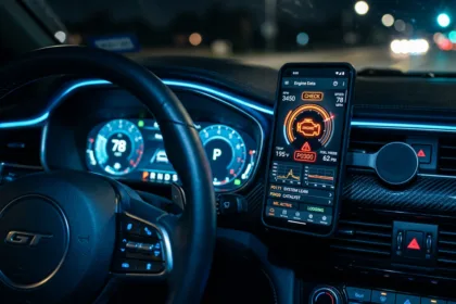 "Smartphone exibindo aplicativo de diagnóstico automotivo via Scanner OBD2 Bluetooth fixado no painel de um carro moderno - Tecnologia e economia automotiva"