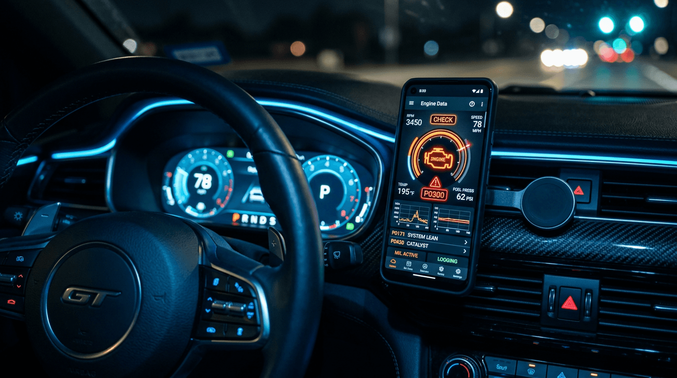 "Smartphone exibindo aplicativo de diagnóstico automotivo via Scanner OBD2 Bluetooth fixado no painel de um carro moderno - Tecnologia e economia automotiva"