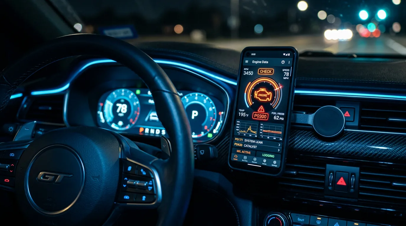 "Smartphone exibindo aplicativo de diagnóstico automotivo via Scanner OBD2 Bluetooth fixado no painel de um carro moderno - Tecnologia e economia automotiva"