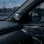 "Interior de carro premium com foco em alto-falantes de alta fidelidade e iluminação ambiente azul - Guia de upgrade de som automotivo original"