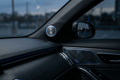 "Interior de carro premium com foco em alto-falantes de alta fidelidade e iluminação ambiente azul - Guia de upgrade de som automotivo original"