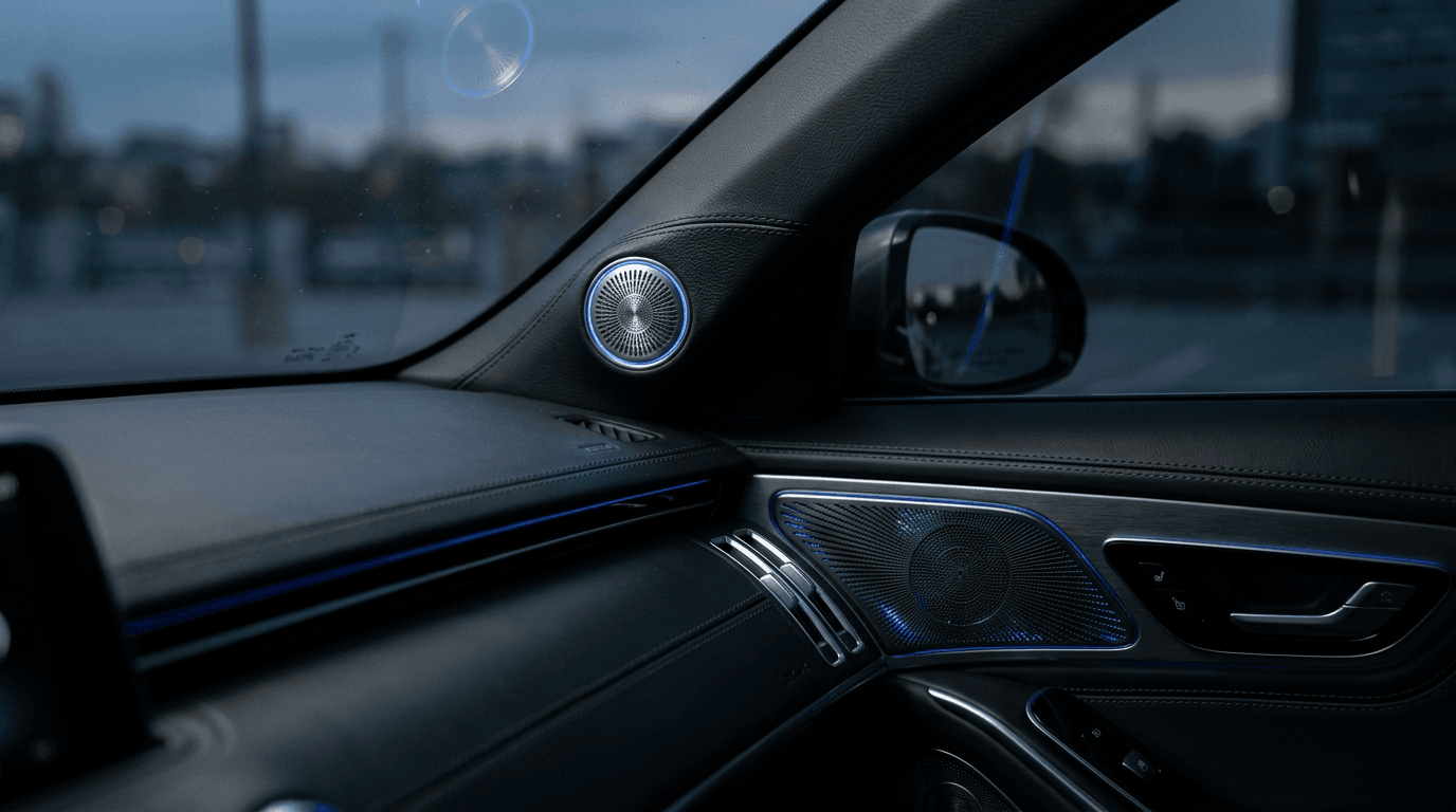 "Interior de carro premium com foco em alto-falantes de alta fidelidade e iluminação ambiente azul - Guia de upgrade de som automotivo original"