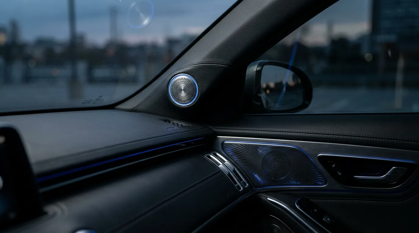 "Interior de carro premium com foco em alto-falantes de alta fidelidade e iluminação ambiente azul - Guia de upgrade de som automotivo original"