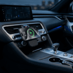Smartphone posicionado em um carregador por indução automotivo magnético fixado na saída de ar de um carro com console limpo e iluminação azul - Tecnologia e ergonomia veicular