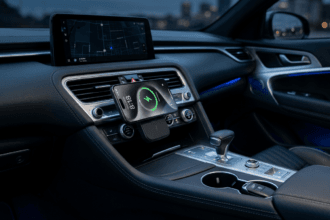 Smartphone posicionado em um carregador por indução automotivo magnético fixado na saída de ar de um carro com console limpo e iluminação azul - Tecnologia e ergonomia veicular