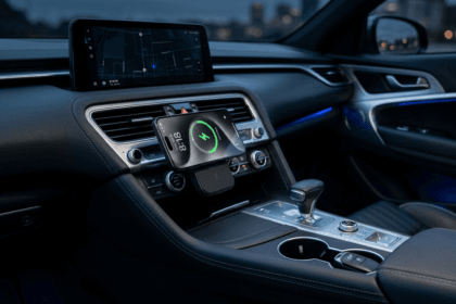 Smartphone posicionado em um carregador por indução automotivo magnético fixado na saída de ar de um carro com console limpo e iluminação azul - Tecnologia e ergonomia veicular