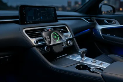 Smartphone posicionado em um carregador por indução automotivo magnético fixado na saída de ar de um carro com console limpo e iluminação azul - Tecnologia e ergonomia veicular