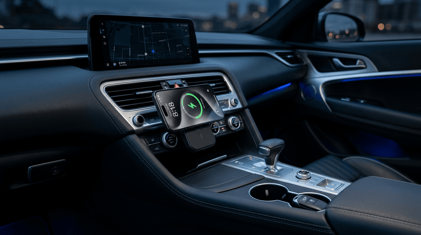 Smartphone posicionado em um carregador por indução automotivo magnético fixado na saída de ar de um carro com console limpo e iluminação azul - Tecnologia e ergonomia veicular